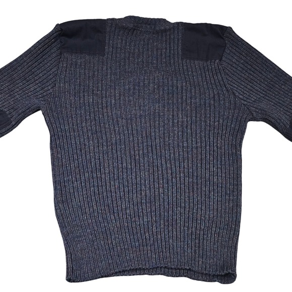 LL Bean Wool Commando Sweater Large Navy Rib Knit Shoulder Elbow Patches Vintage - Picture 2 of 8